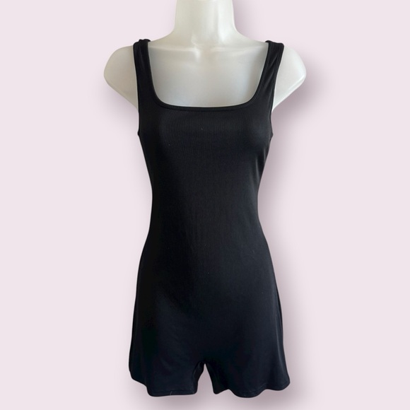 Pants - Women’s Black Ribbed Tank Romper - One-Piece Stretchy Lounge Basic, Size L